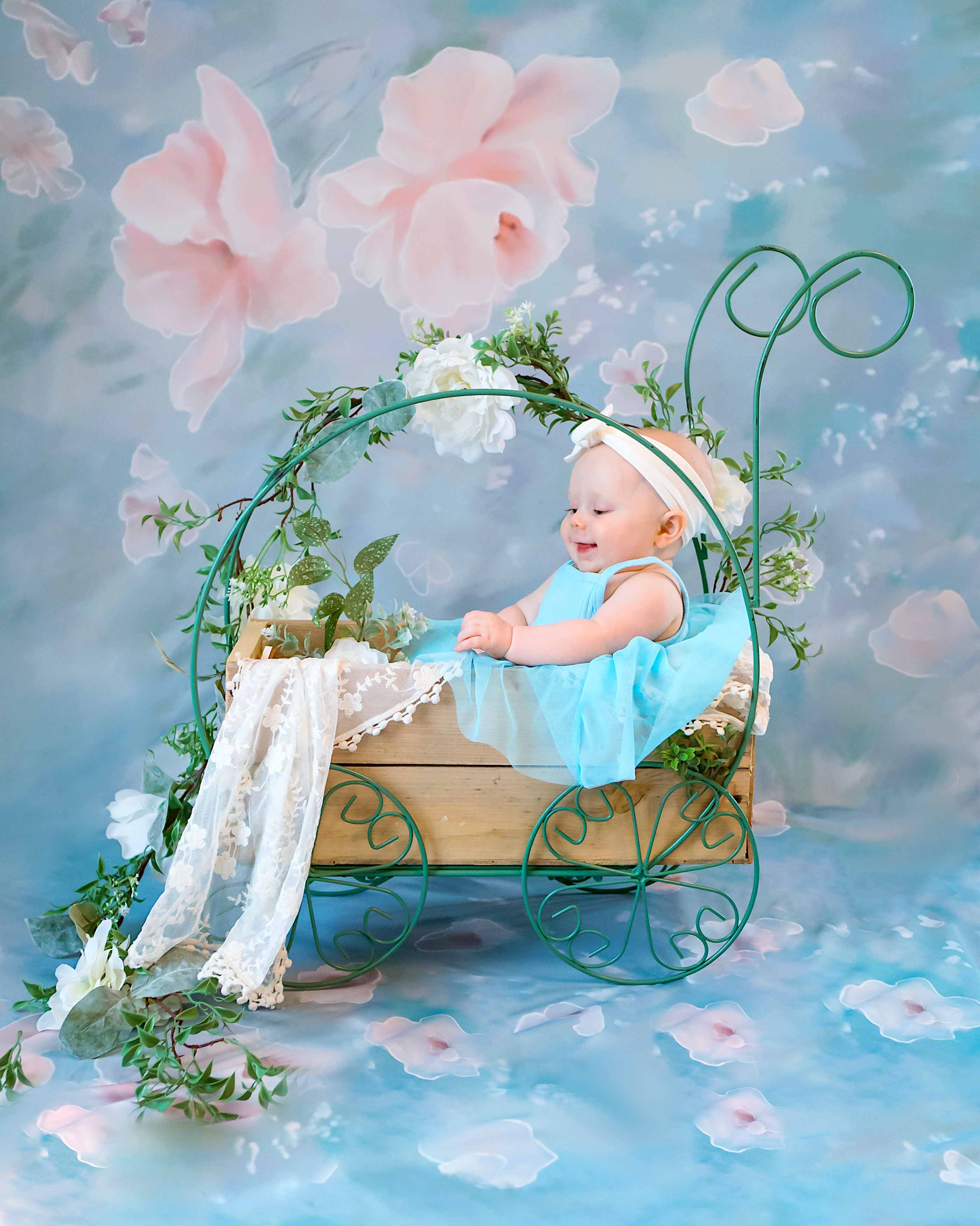 Avezano Light Blue Handpainted Art Flowers Backdrop For Photography-AVEZANO